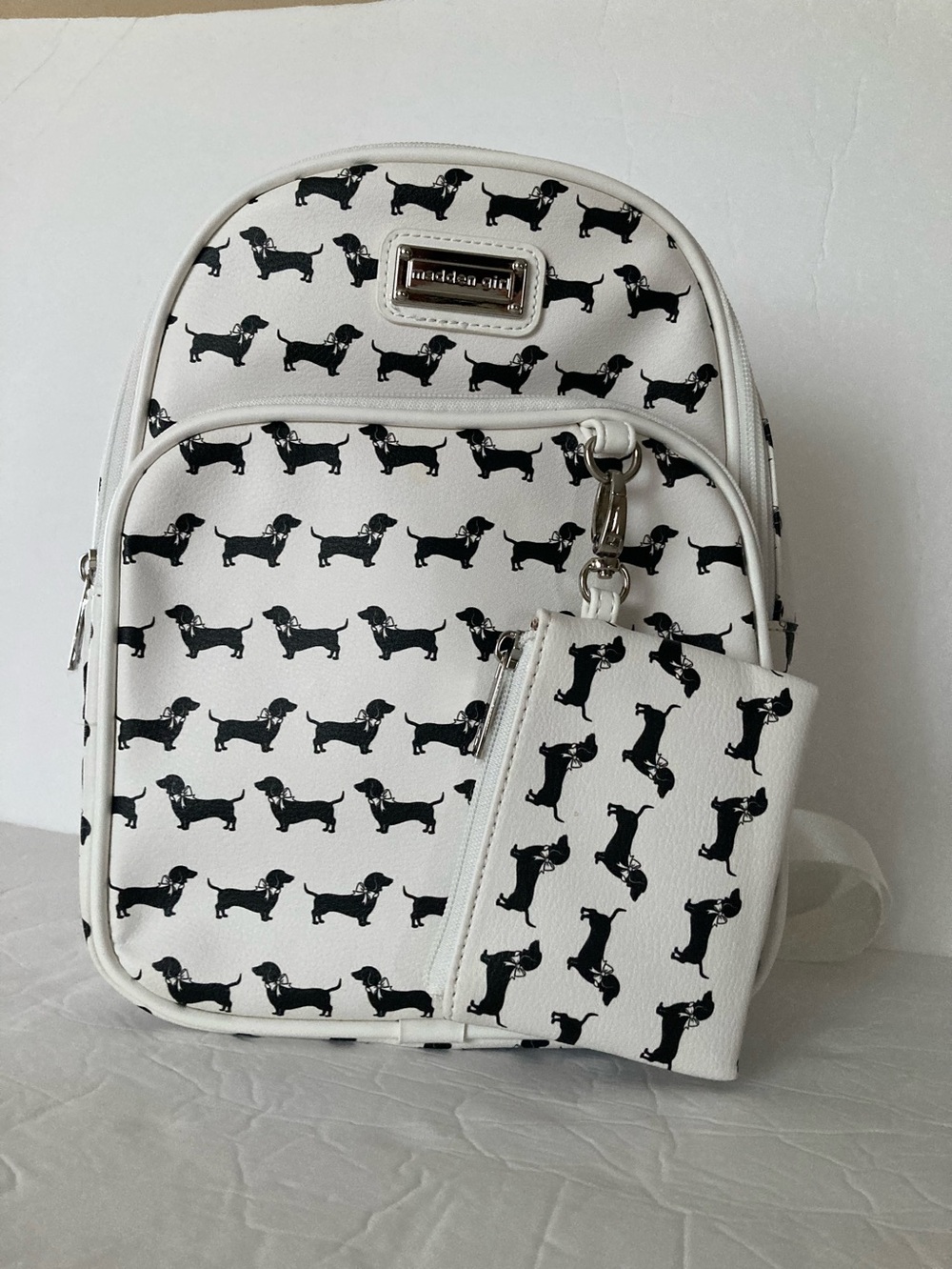 Madden Girl / Black and White Dachshund Print backpack